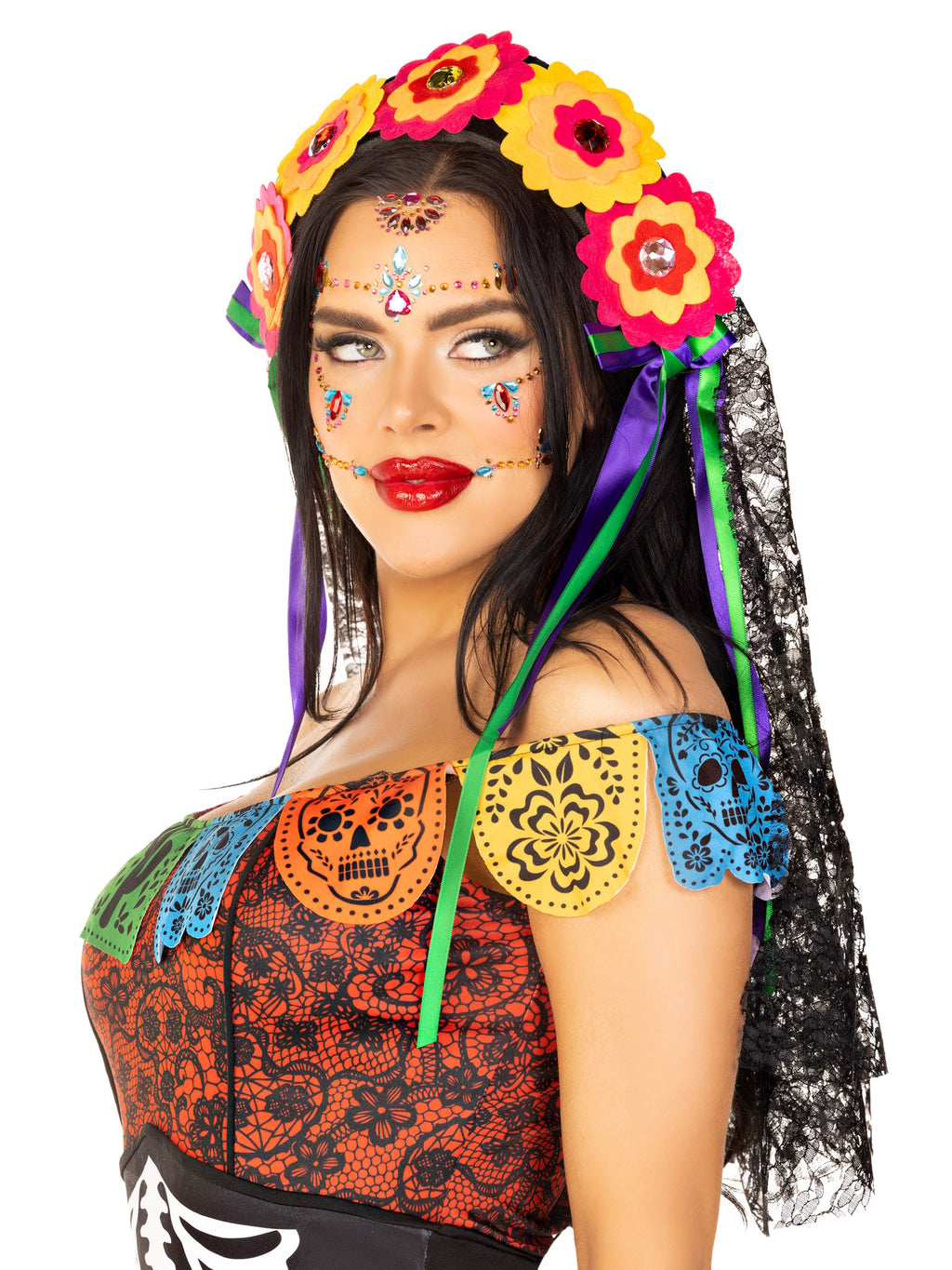 Day Of The Dead Flower Head Piece with Lace Veil