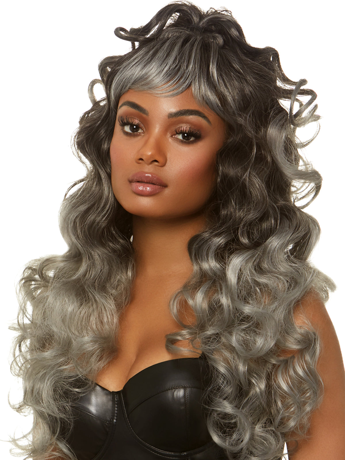 24"" Long Curly Wispy Bang Wig with Half Up Pony