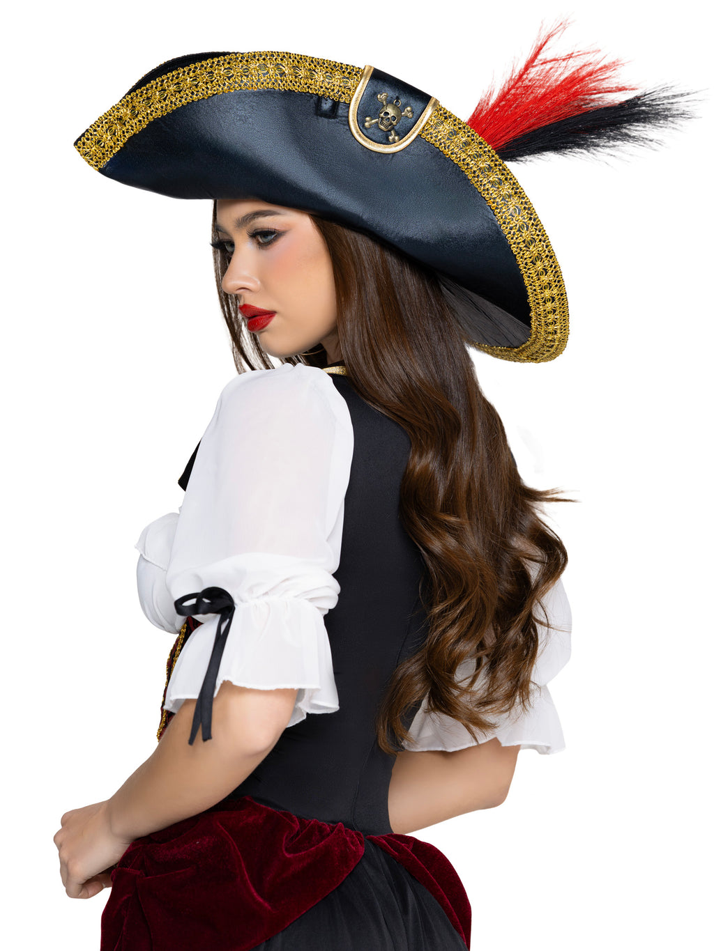 Pirate Hat with Skull Accent and Faux Feather Detail.