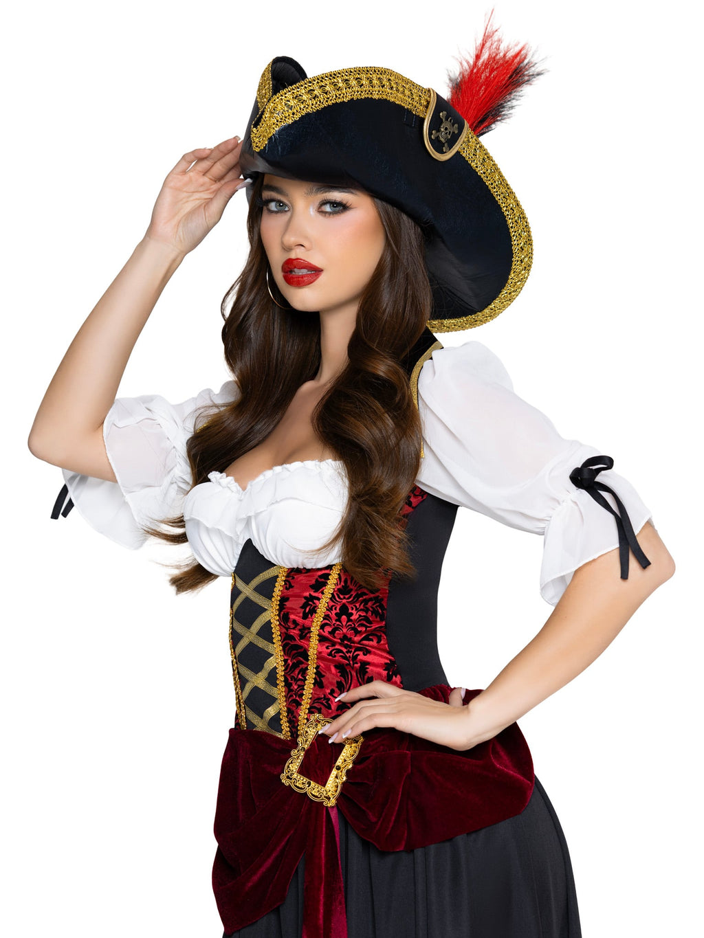 Pirate Hat with Skull Accent and Faux Feather Detail.