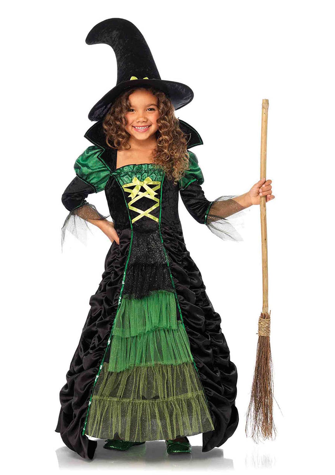 Girl’s 2 PC Storybook Witch Costume, Includes long ruched dress with layered glitter tulle and witch hat