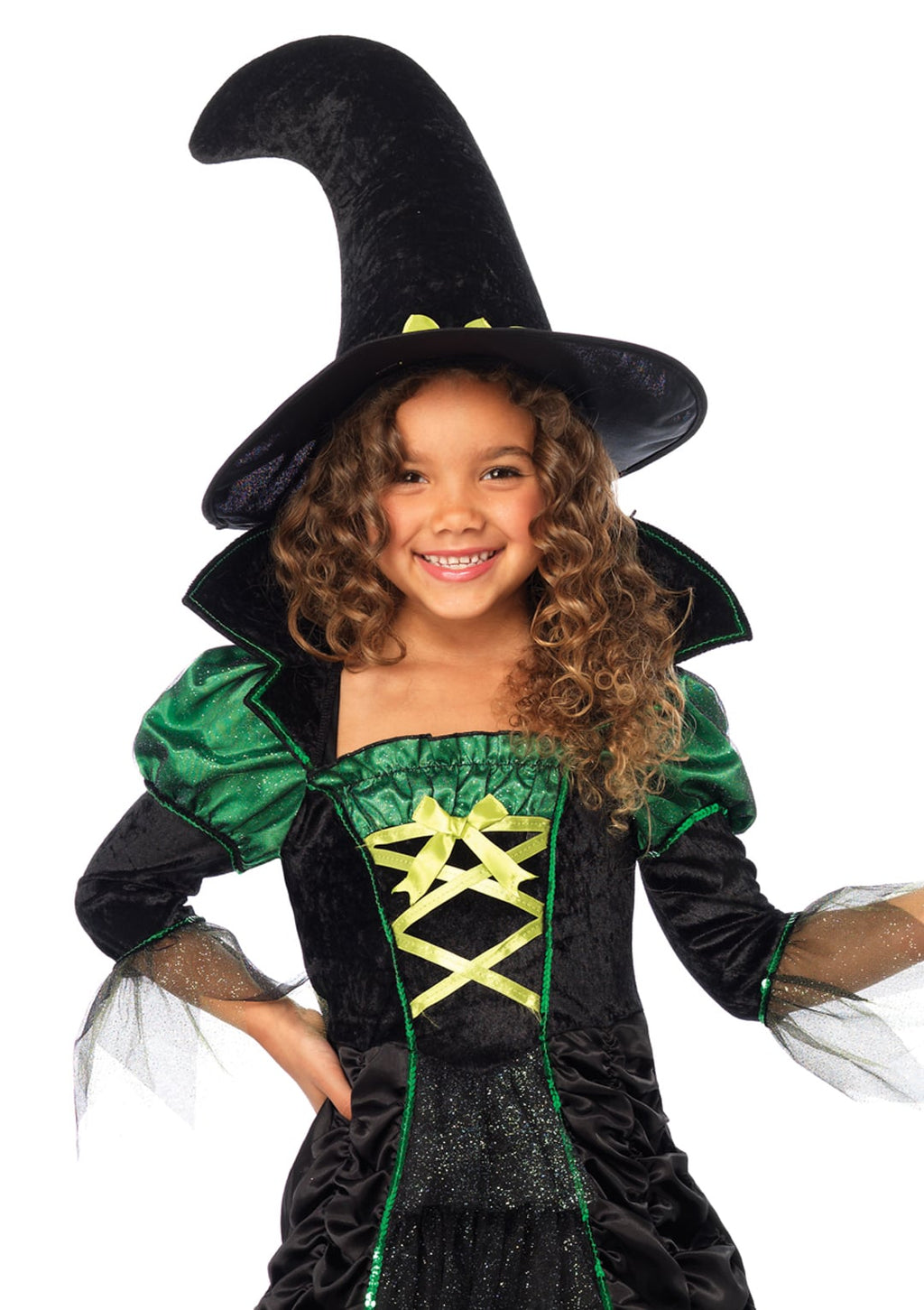 Girl’s 2 PC Storybook Witch Costume, Includes long ruched dress with layered glitter tulle and witch hat