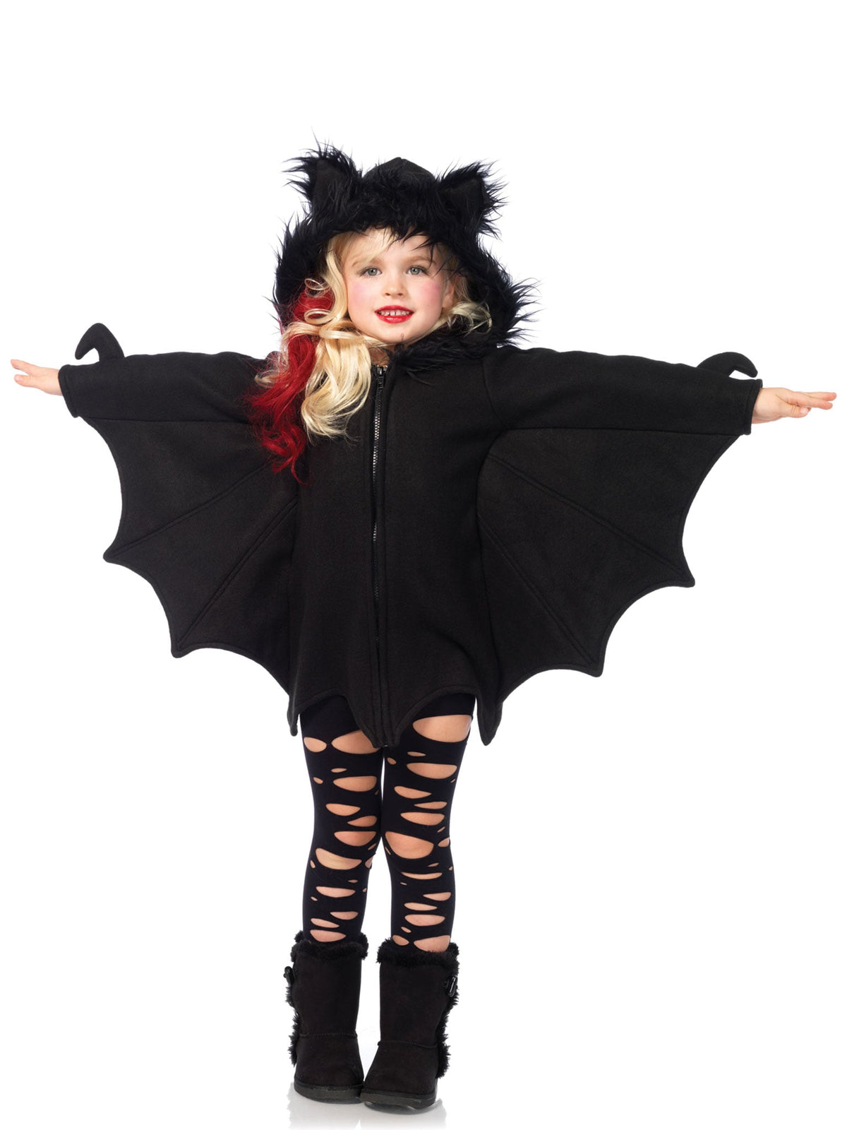Girl’s 1 PC Cozy Bat Costume, Includes Zipper Front Fleece Dress with Bat Wing Sleeves and Furry Ear Hood
