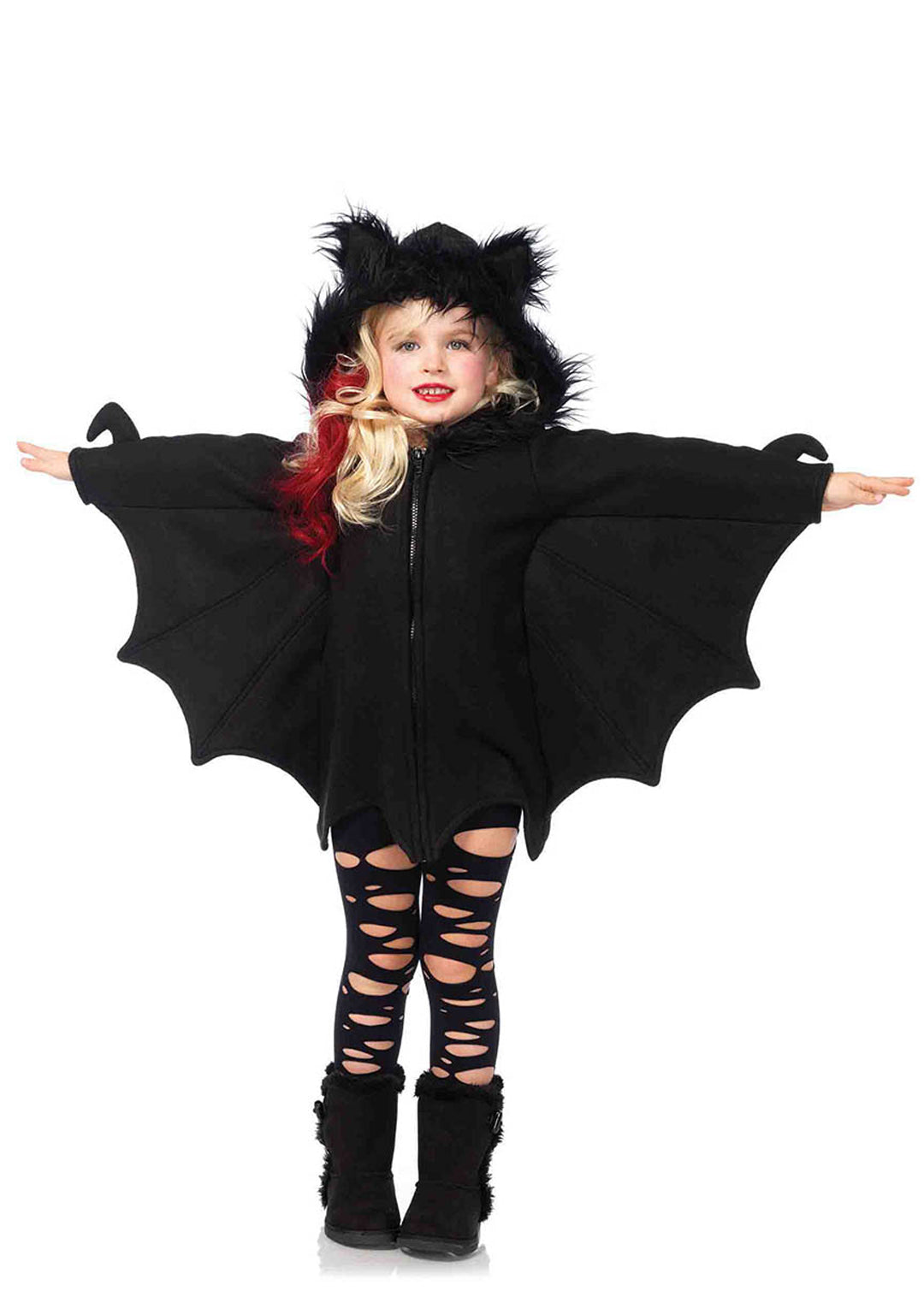 Girl’s 1 PC Cozy Bat Costume, Includes Zipper Front Fleece Dress with Bat Wing Sleeves and Furry Ear Hood