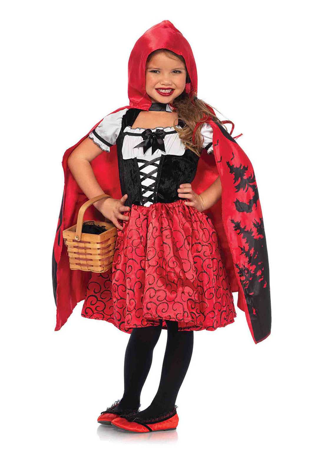 Girl’s 2 PC Storybook Riding Hood Costume, Includes Peasant Dress and Hooded Cape with Illustration Back Detail
