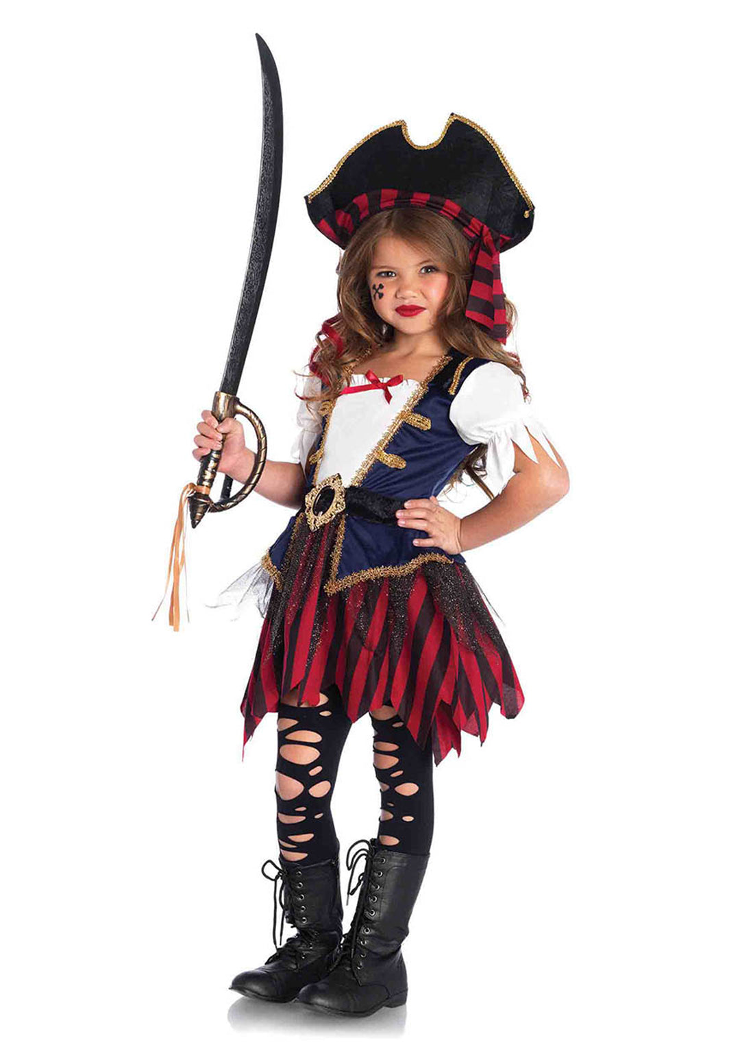 Girl’s 2 PC Caribbean Pirate Costume, Includes Dress with Attached Belt and Pirate Hat