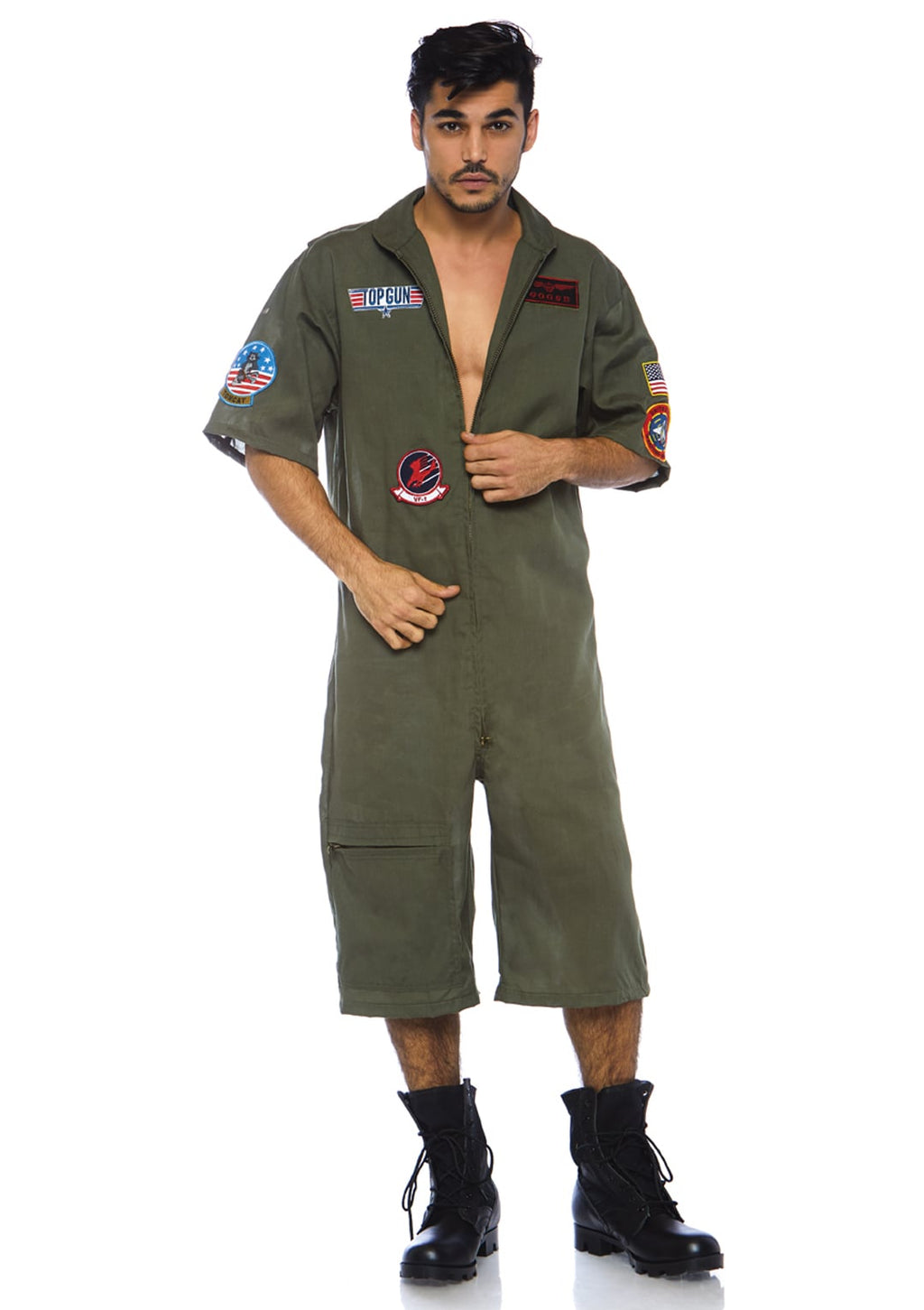 Men’s 1 PC Top Gun Pilot Costume, Includes Board Short Jumpsuit with Interchangeable Maverick and Goose Name Badges