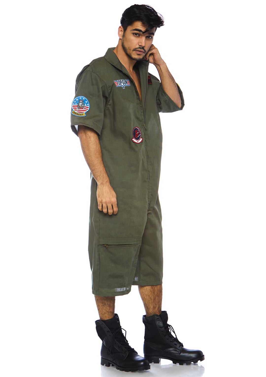 Men’s 1 PC Top Gun Pilot Costume, Includes Board Short Jumpsuit with Interchangeable Maverick and Goose Name Badges