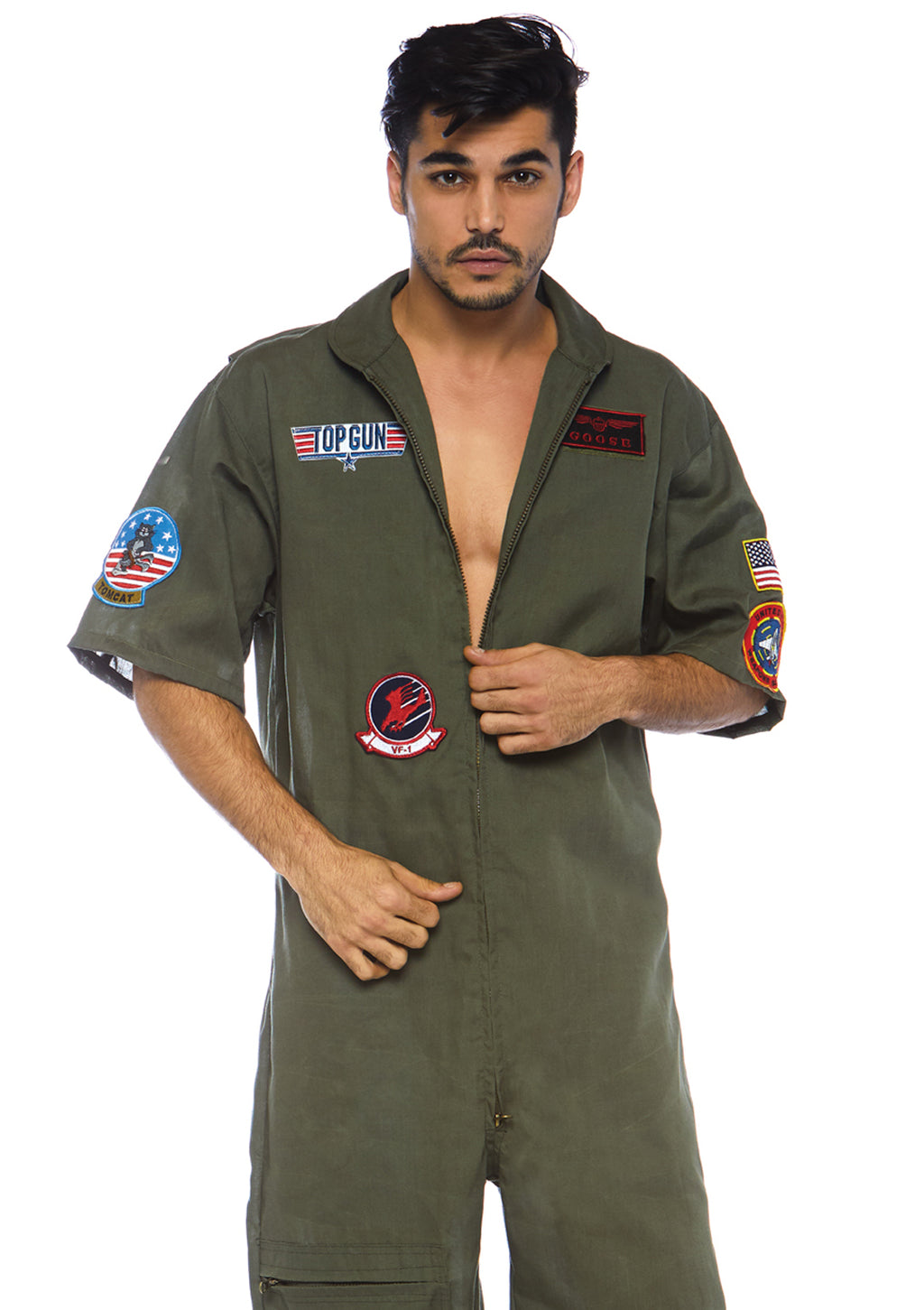 Men’s 1 PC Top Gun Pilot Costume, Includes Board Short Jumpsuit with Interchangeable Maverick and Goose Name Badges