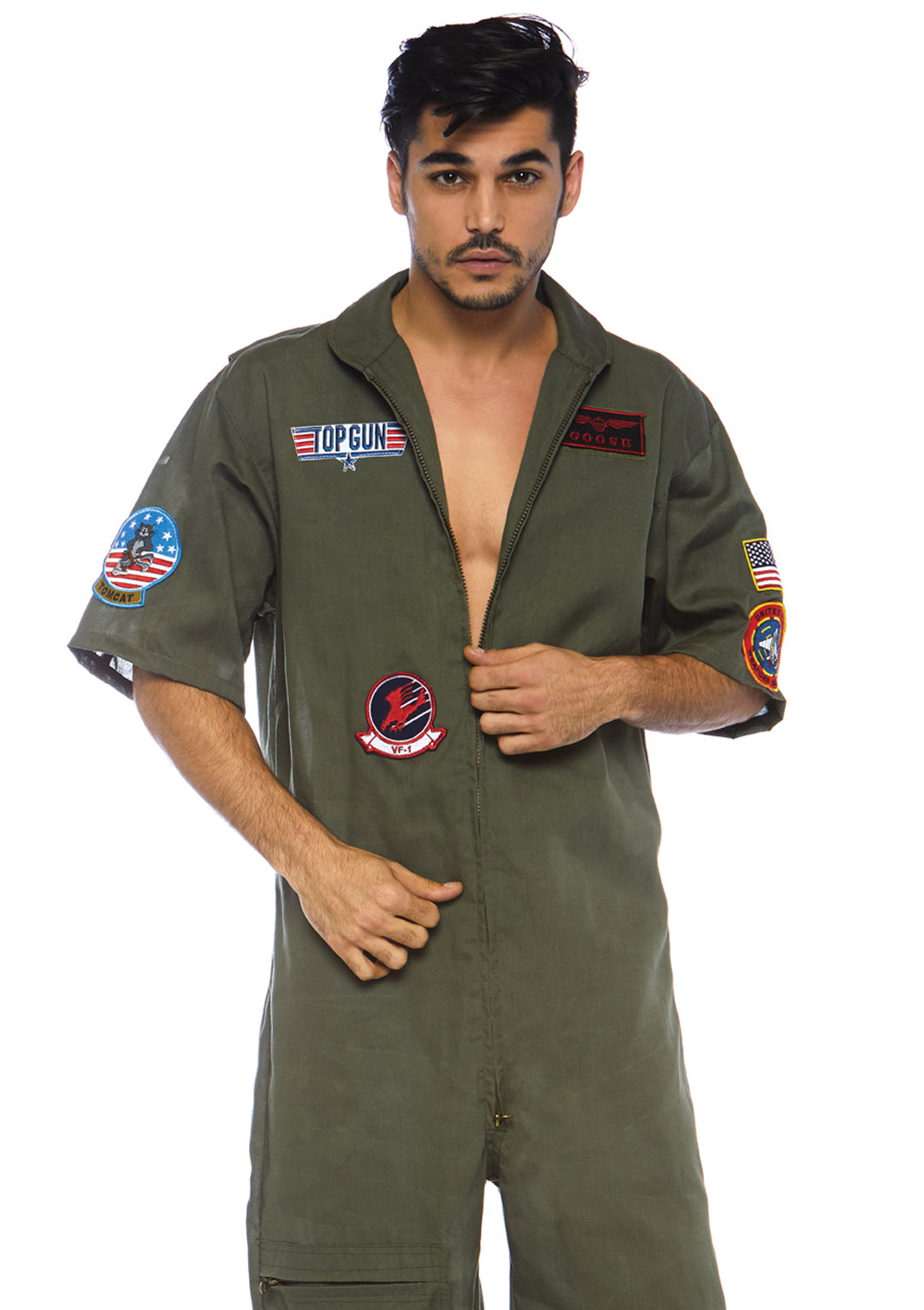 Men’s 1 PC Top Gun Pilot Costume, Includes Board Short Jumpsuit with Interchangeable Maverick and Goose Name Badges
