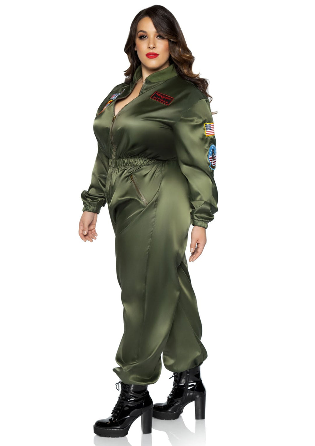 Plus Size 1 PC Top Gun Parachute Flight Suit, Includes Zip-Up Nylon Jumpsuit with Interchangeable Maverick and Goose Name Badges