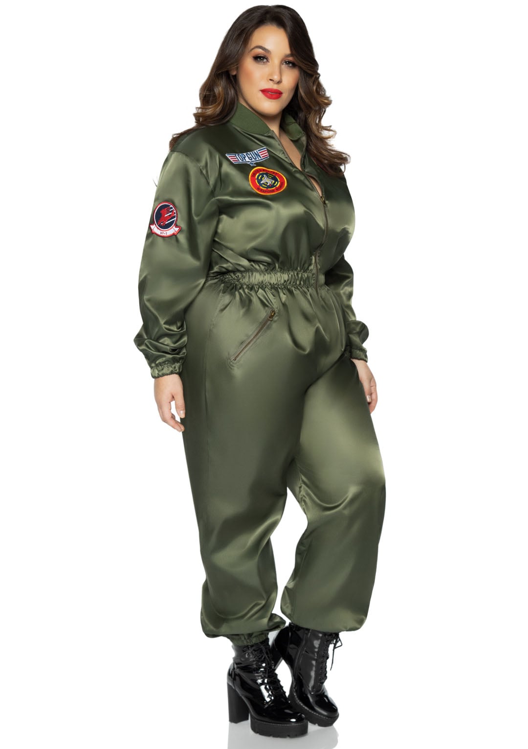 Plus Size 1 PC Top Gun Parachute Flight Suit, Includes Zip-Up Nylon Jumpsuit with Interchangeable Maverick and Goose Name Badges