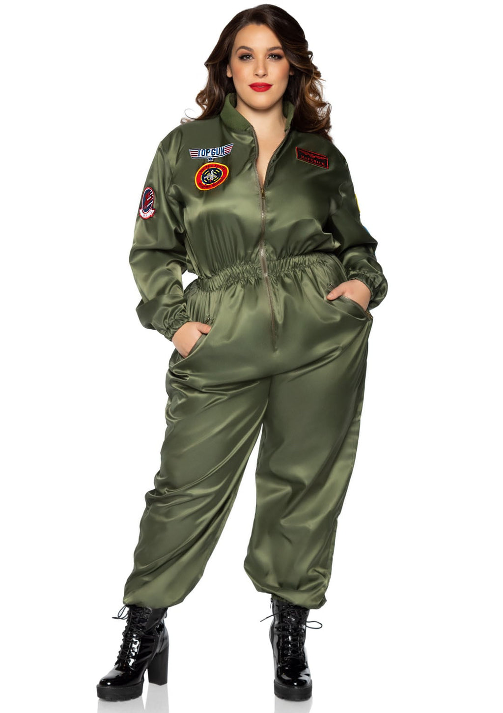 Plus Size 1 PC Top Gun Parachute Flight Suit, Includes Zip-Up Nylon Jumpsuit with Interchangeable Maverick and Goose Name Badges