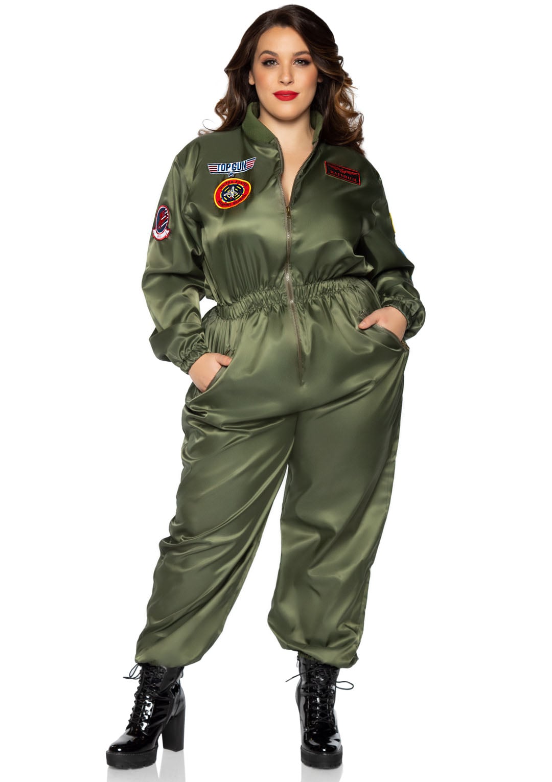 Plus Size 1 PC Top Gun Parachute Flight Suit, Includes Zip-Up Nylon Jumpsuit with Interchangeable Maverick and Goose Name Badges